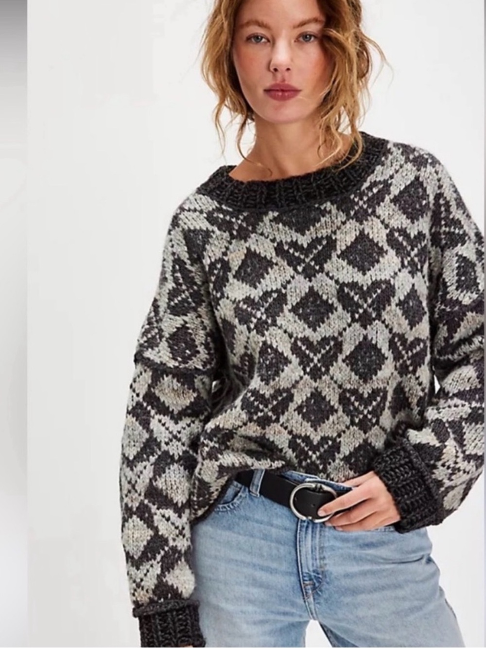 Free People Gray Heart Sweater Argyle Knit Crewneck Boho Boxy Oversized Small